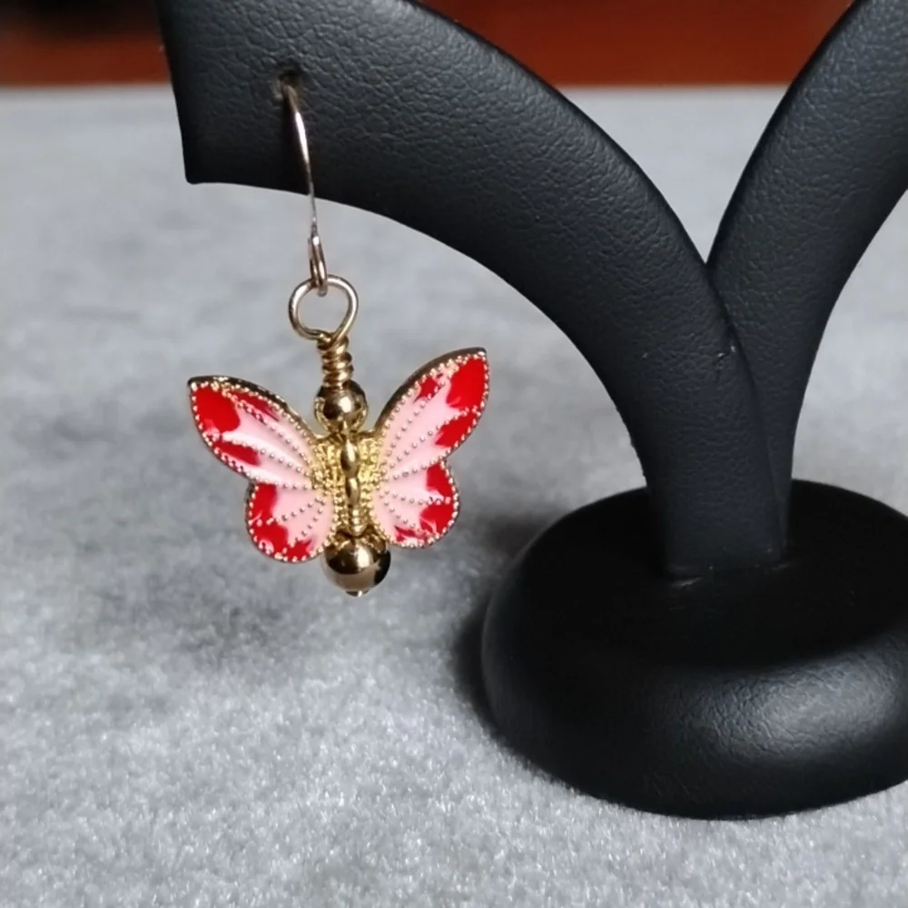 Hand Crafted Red And Pink Gold Butterfly Earrings - Picture 2 of 5